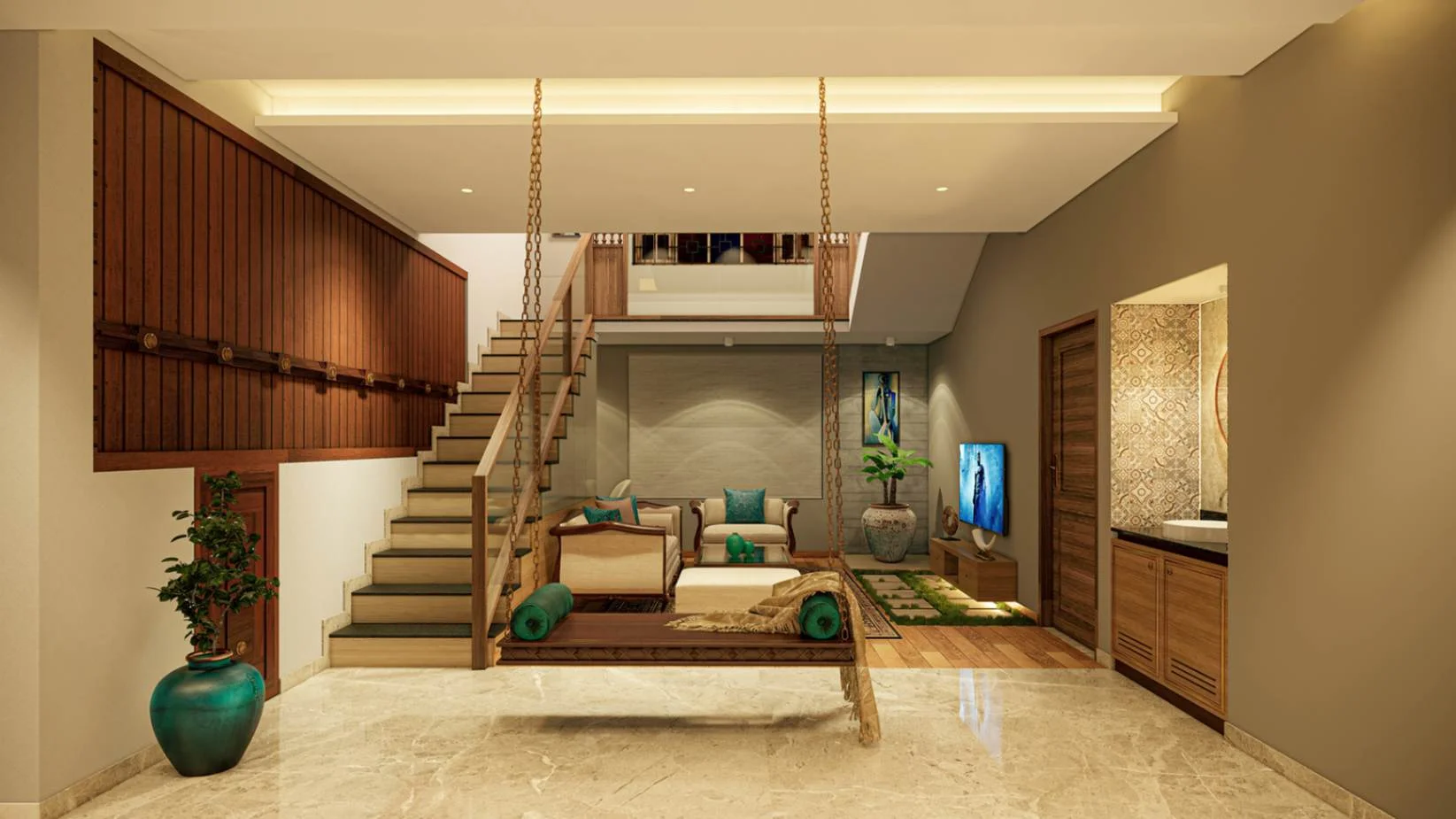 Sculptural staircase with skylight and hand-finished railing